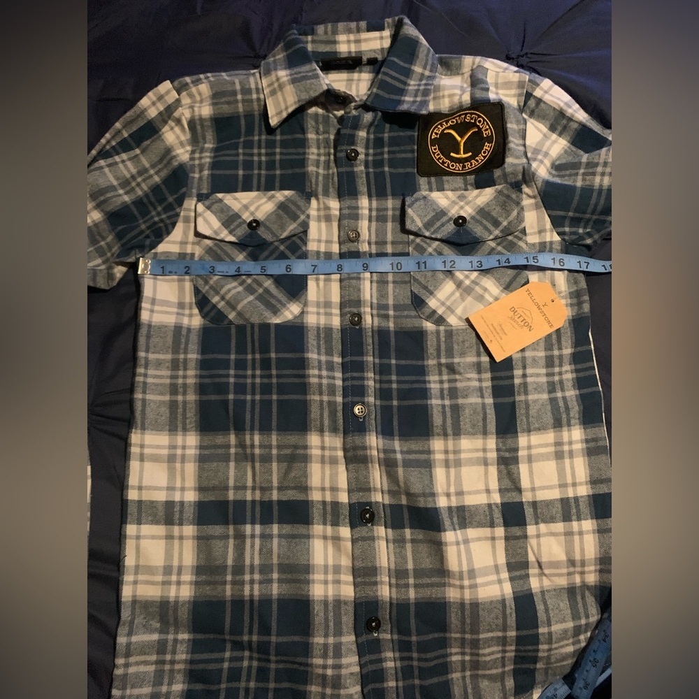 Yellowstone XS Blue and White plaid Button Down Dutton Ranch Embroidered Patch - Picture 4 of 7